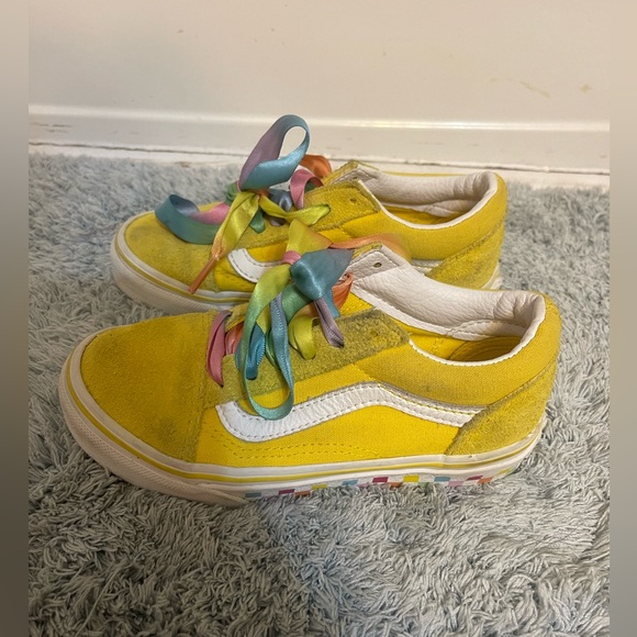 Vans Other - Vans Girls Old Skool Yellow Suede Rainbow Check Ribbon Sneakers Size 12